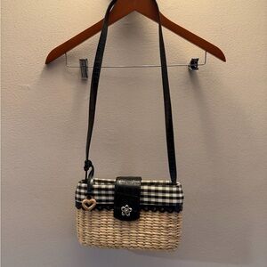 Brighton Rattan Straw Purse Bag Black Leather Checkered Fabric Boho Cottage